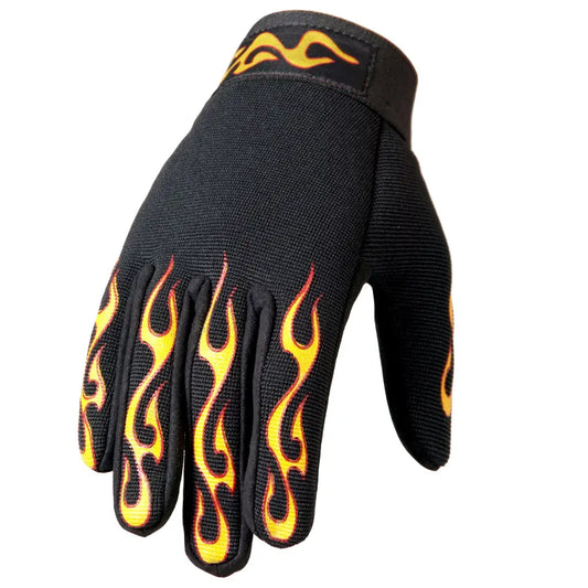 Black Hot Leathers GVM2004 Flame Mechanics Gloves with yellow and red flame designs