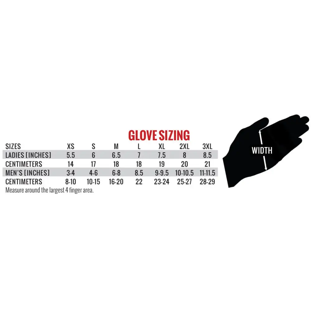 Black glove outline with sizing chart for Hot Leathers GVM2004 Flame Mechanics Gloves