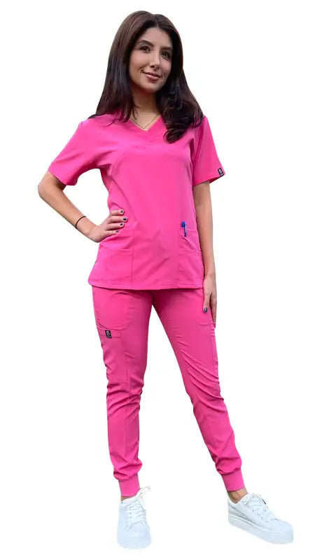 Hot pink Women’s 4-Way Extreme Stretch Jogger Scrubs with jogger-style pants and v-neck top