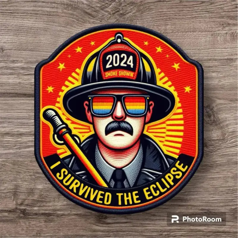 Retro patch design of firefighter with rainbow sunglasses celebrating surviving the eclipse
