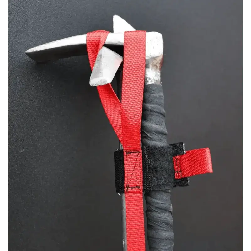 Ice axe with red webbing straps for New York Hook Halligan Bar Marrying Strap