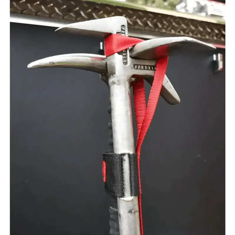 Ice climbing axe with red webbing straps for York Hook Halligan Bar use