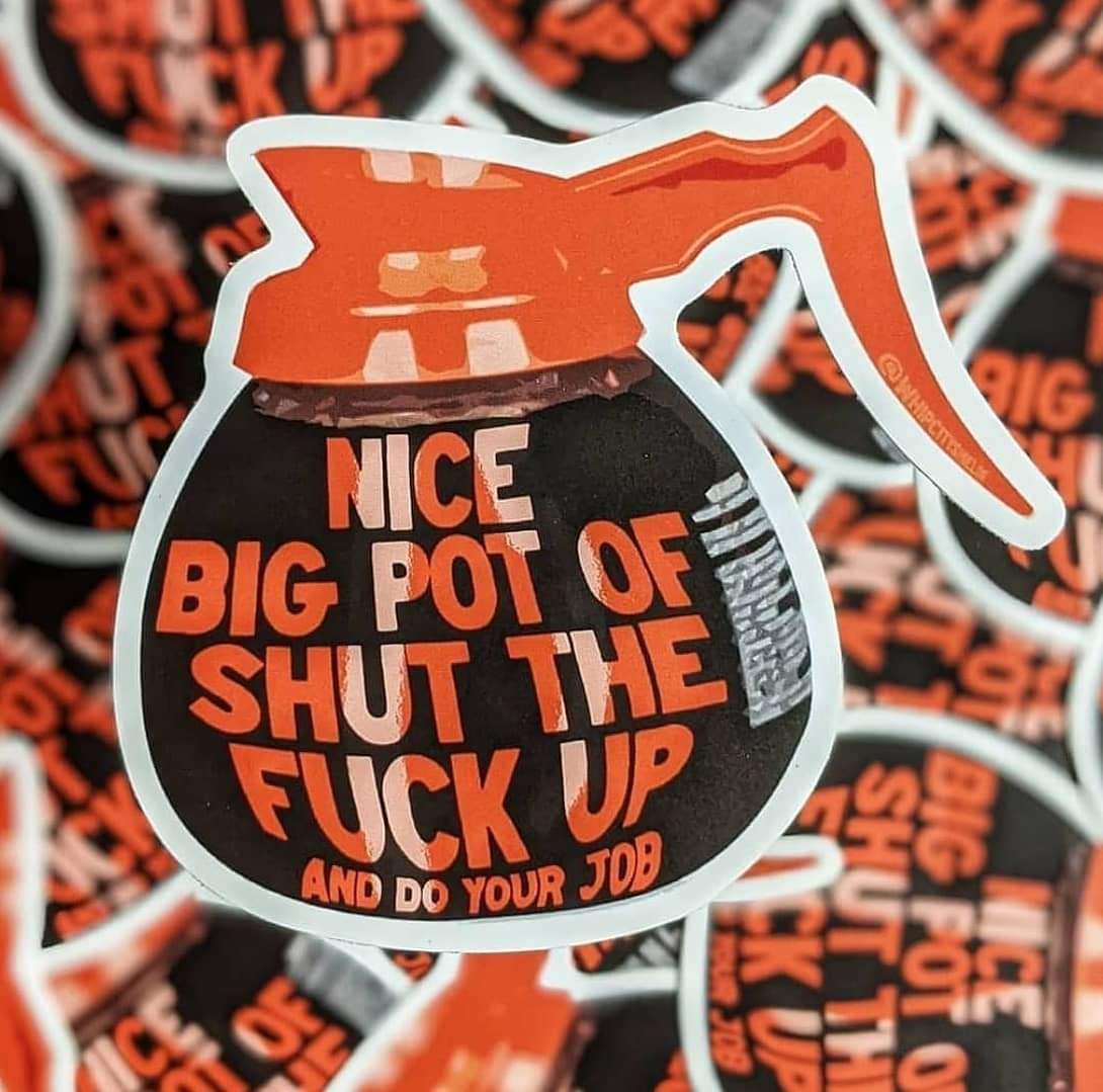 Fun coffee sticker featuring a playful design, perfect for adding a splash of personality to your coffee pot or laptop.