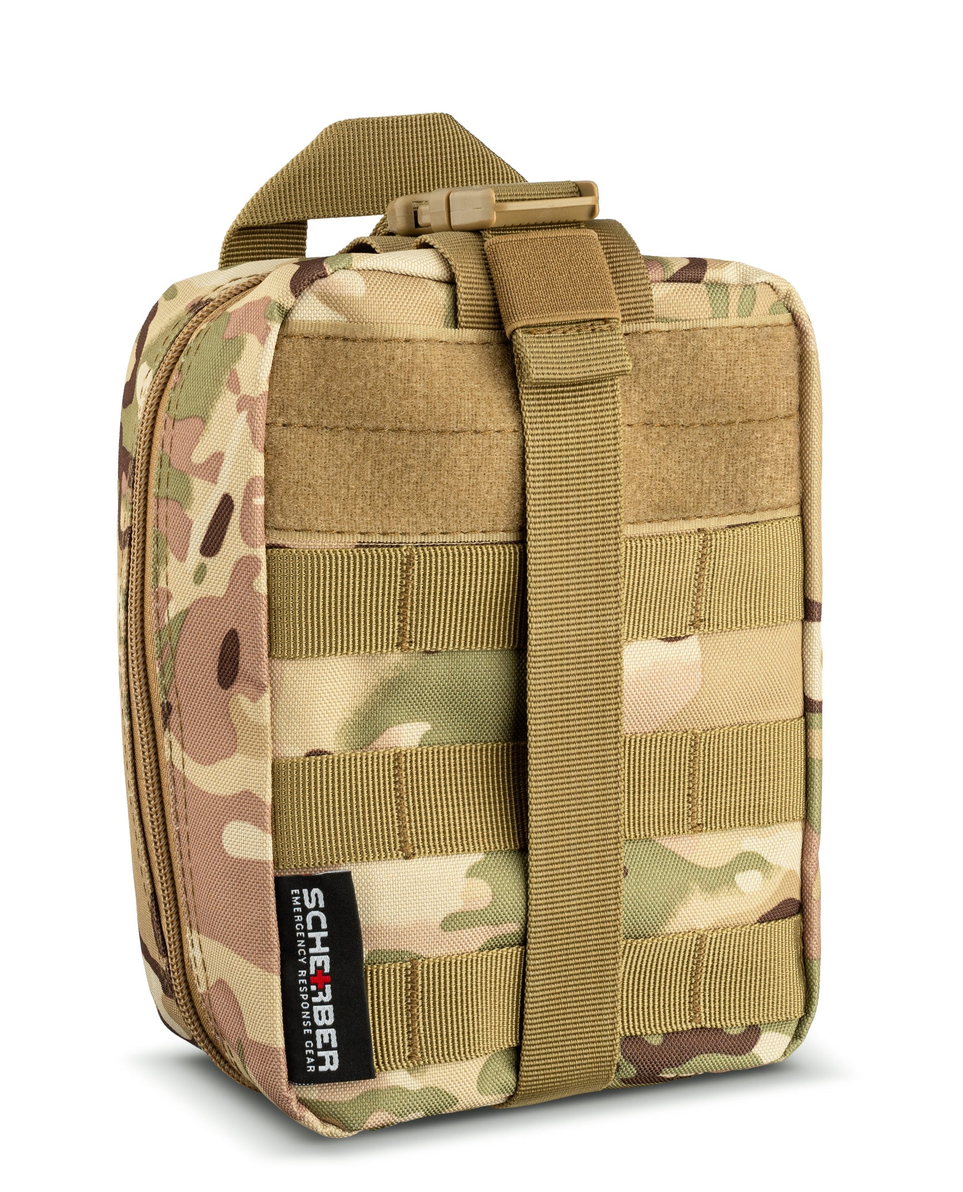 Easy-access design of the Scherber Premium IFAK Kit Trauma Pack featuring pockets and zipper enclosures for organized storage.
