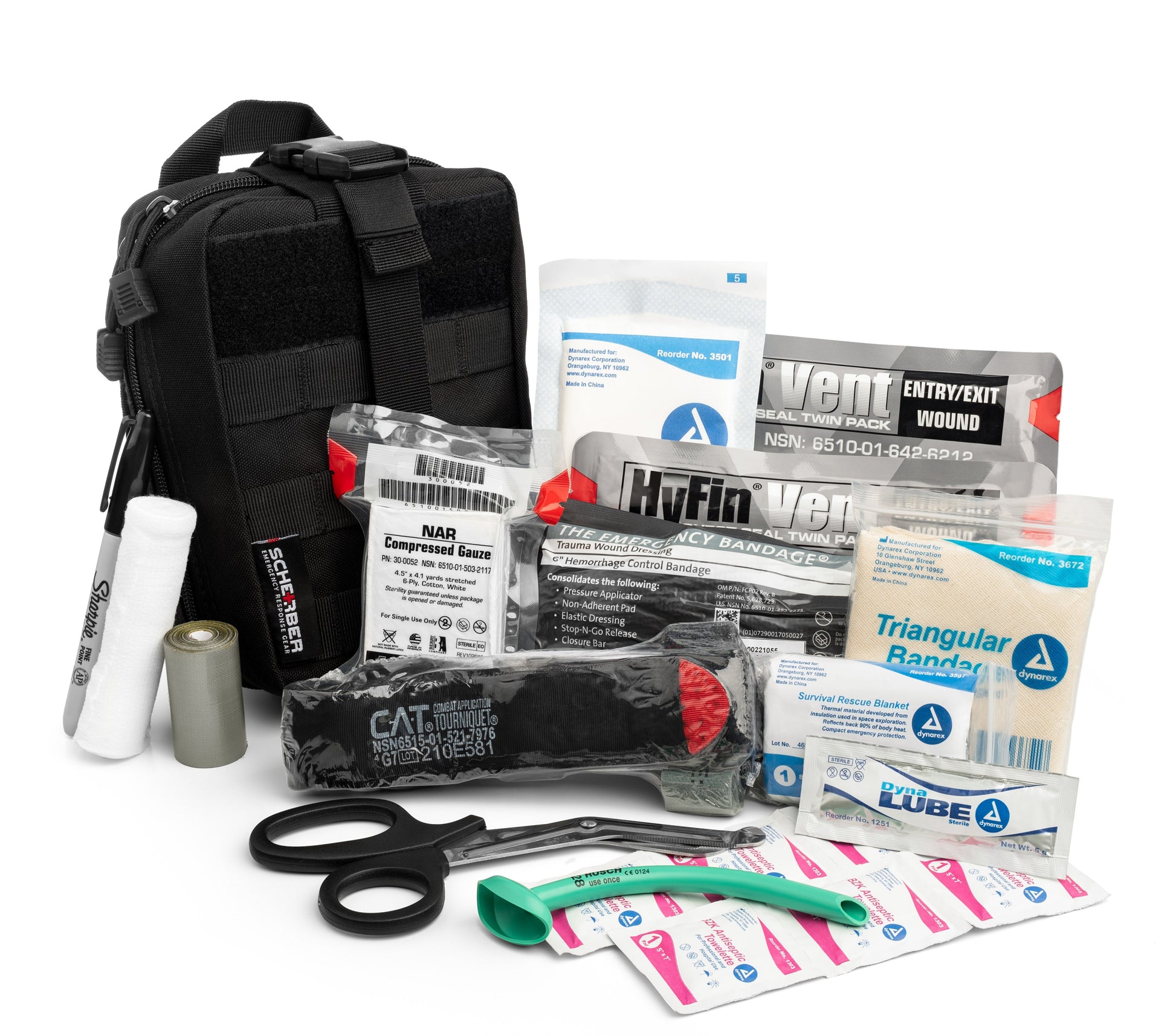 Scherber Premium IFAK Kit Trauma Pack fully stocked with essential first aid supplies for emergency situations.