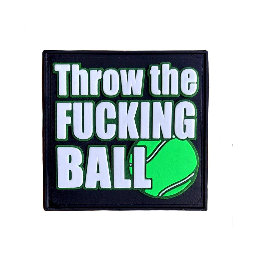 Mini Throw the ball Patch by Bad Dog Gang - a 2x2 inch PVC Velcro patch featuring a playful ball design.