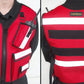 Red safety officer reflective vest with black trim and white reflective stripes for incident command safety