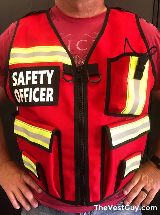 Red safety officer reflective vest with reflective stripes for incident command safety