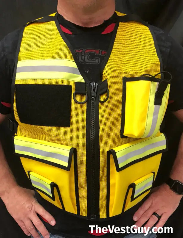 High-visibility yellow safety officer reflective vest with pockets for incident command safety