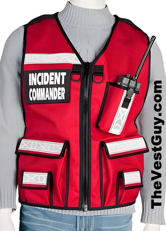 Red Incident Command Safety Officer Reflective Vest with pockets and Incident Commander text