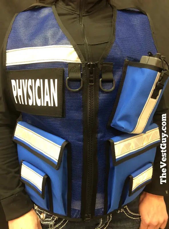 Blue safety officer reflective vest with PHYSICIAN and reflective stripes for incident command safety