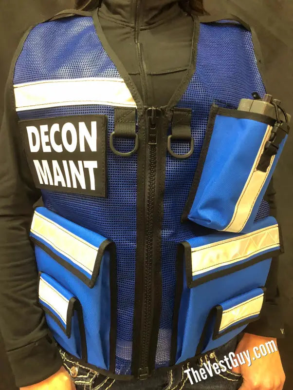 Blue Incident Command Safety Officer Reflective Vest with DECON MAINT text and stripes