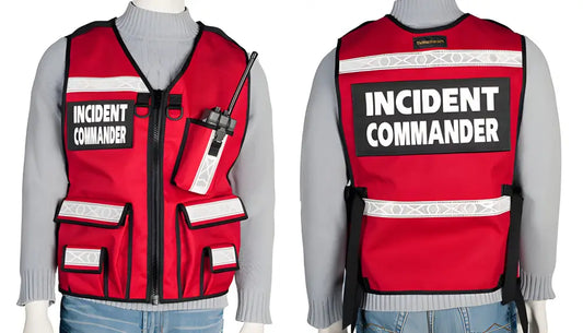 Red Incident Command Vest with reflective stripes and INCIDENT COMMANDER text