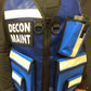 Blue incident command vest with DECON MAINT text and reflective stripes