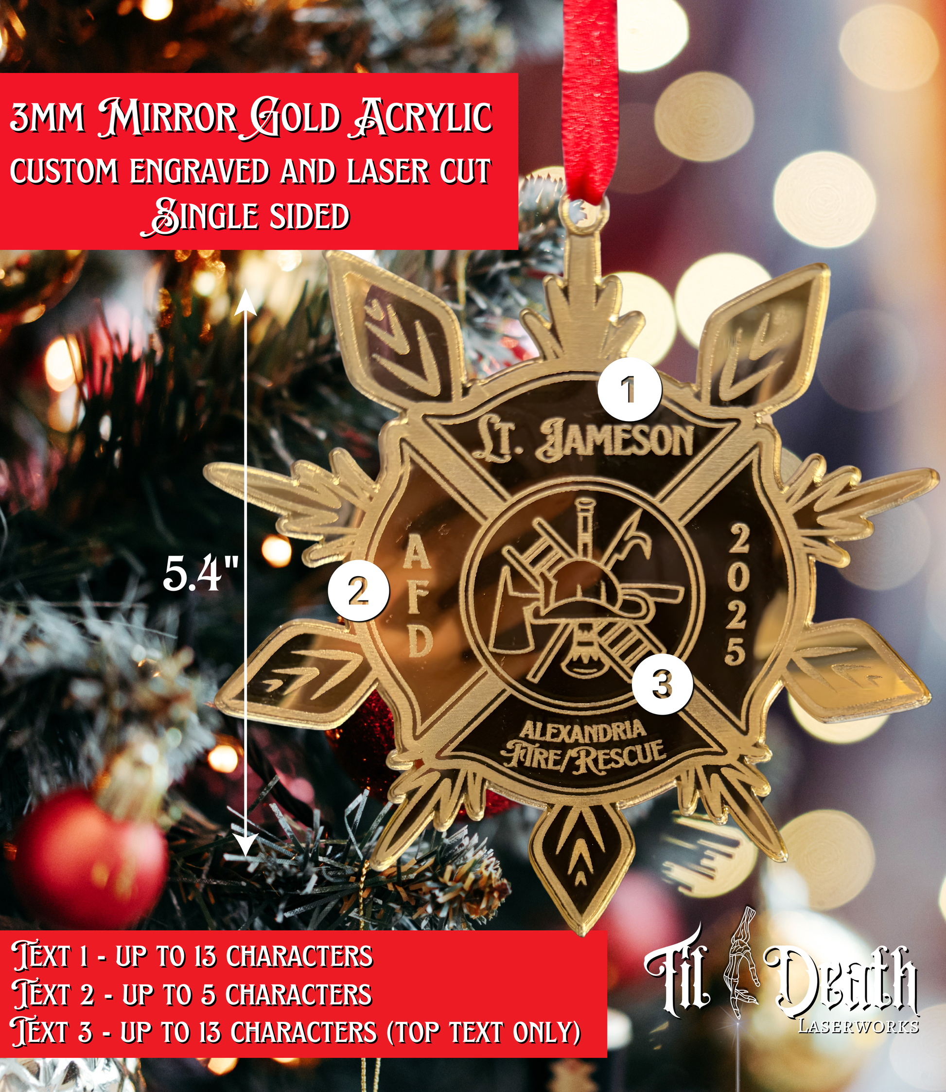 Customizable Fire Department Ornament - A beautiful gold mirrored acrylic ornament, perfect holiday gift for firefighters, showcasing a reflective finish and allowing personalization with department names, ideal for Christmas trees.