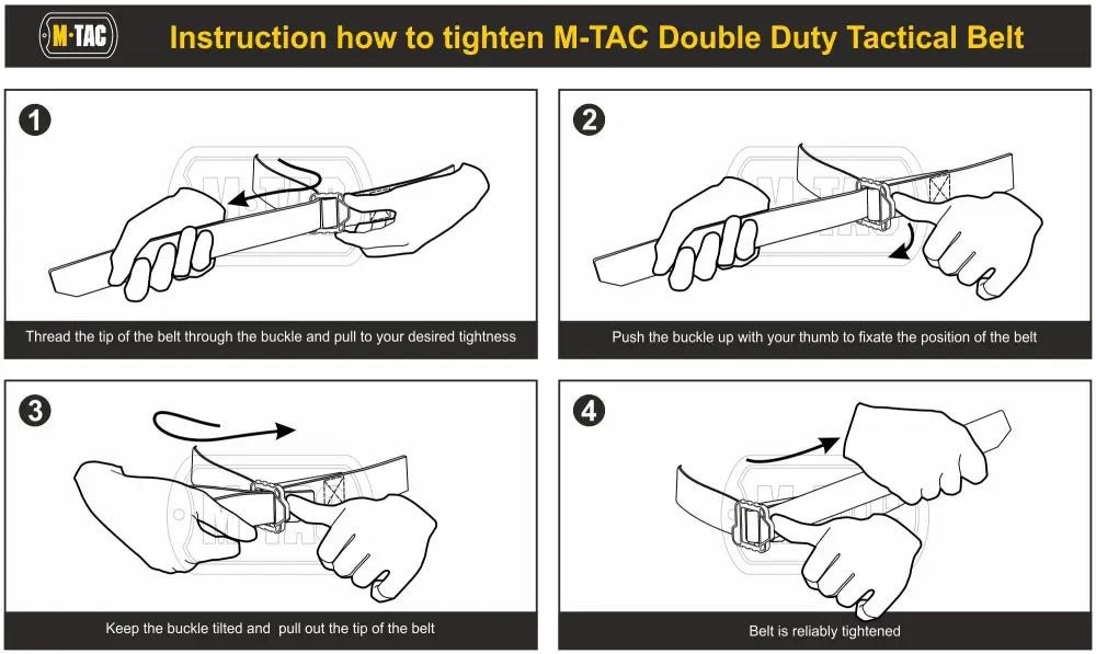 Instructions for securing the M-Tac Double Duty Tactical Belt in four easy steps