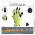 JORESTECH Hi-Vis Touchscreen Safety Work Gloves with size chart for high visibility hand protection