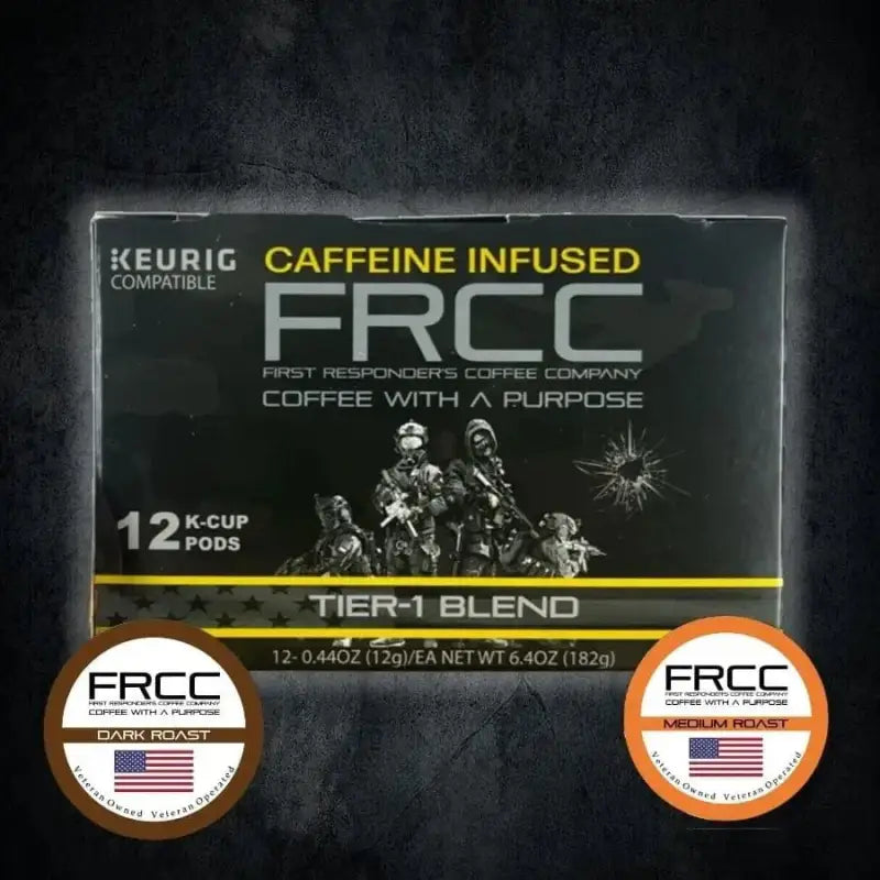 Keurig-compatible FRCC caffeine-infused coffee pod box 12ct Tier-1 with military design