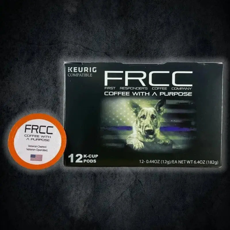 Keurig-compatible FRCC K9 coffee pod box with wolf design featuring Bourbon Pecan flavor