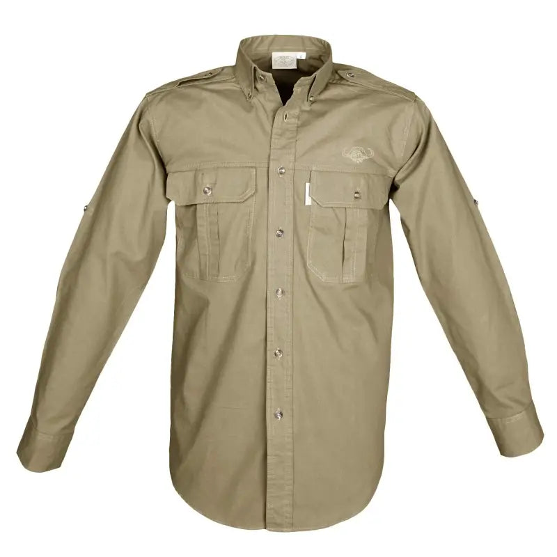 Khaki Trail Shirt for Men with Embroidered Buffalo Logo and functional shoulder pockets