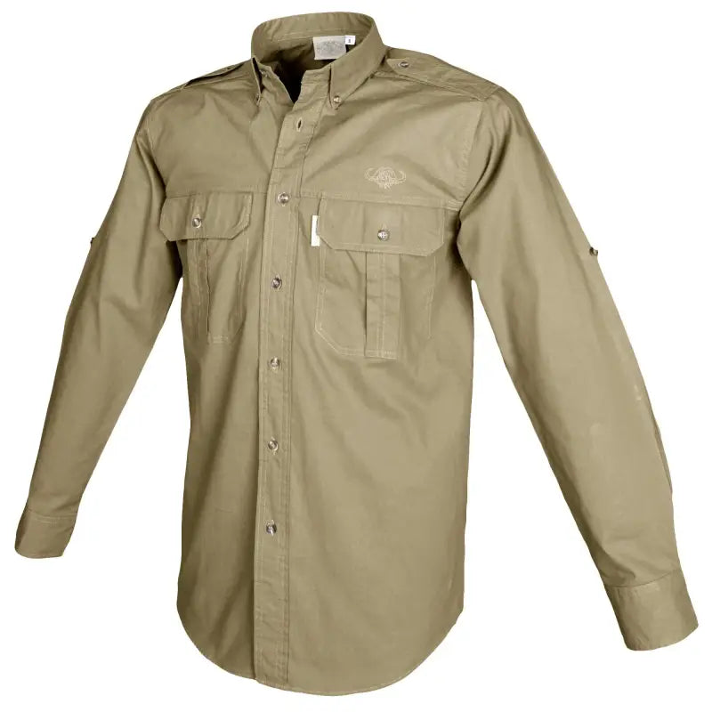 Khaki Trail Shirt for Men with Embroidered Buffalo Logo and Functional Shoulder Pockets