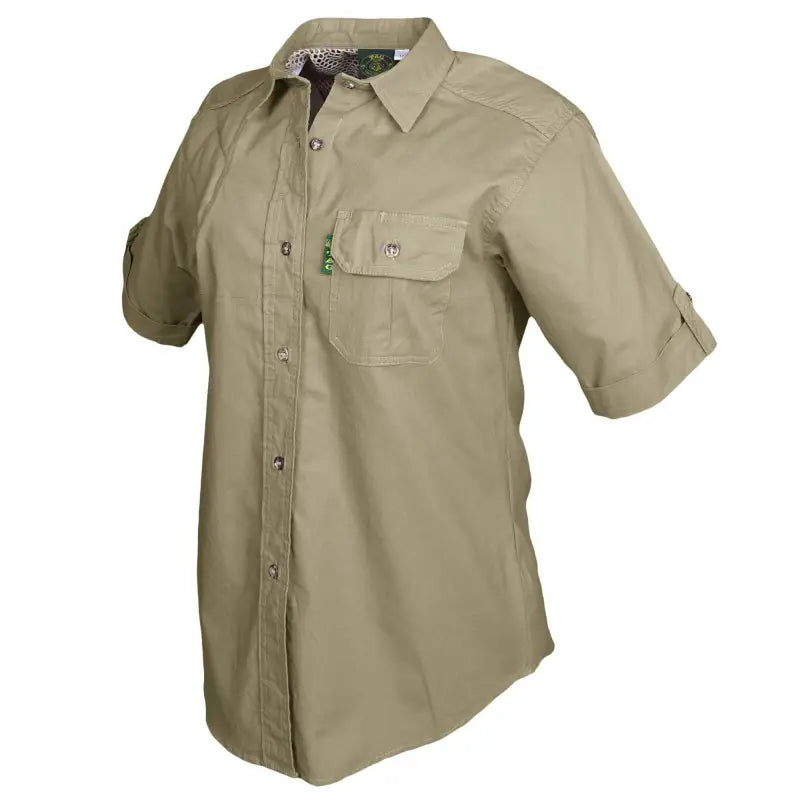 Khaki Clay Bird Shirt for Women with rolled-up sleeves and mesh lined vent to circulate air