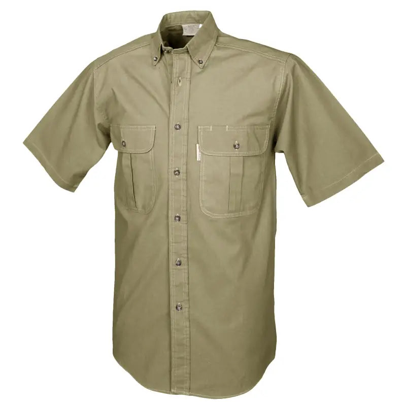 Khaki safari shirt for men with short sleeves and chest pockets, ideal for outdoor activities