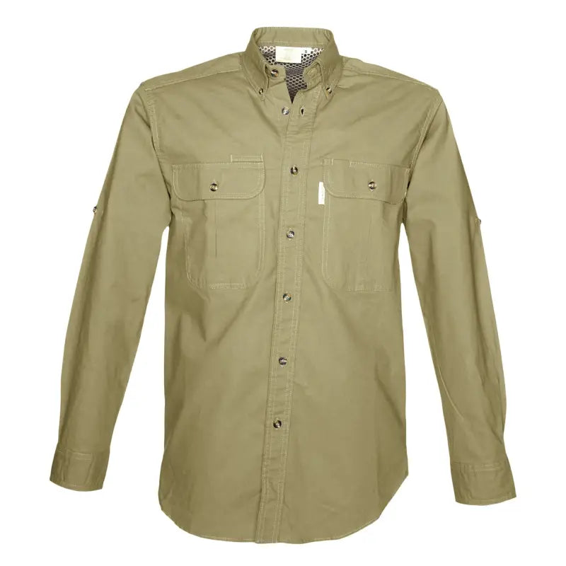 Khaki Adventure Safari Shirt for Men with chest pockets and roll-up sleeves for outdoor essentials