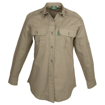 Khaki Long Sleeve Safari Trail Shirt for Women with Chest Pockets, Essential Outdoor Gear