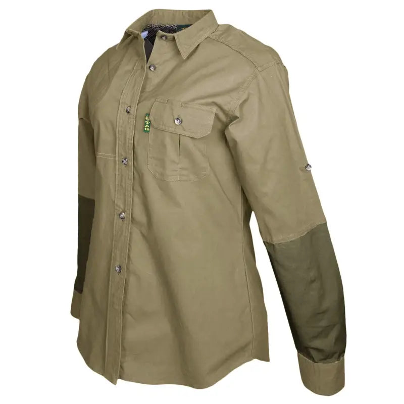 Khaki button-up Clay Bird Shirt for Women with olive green sleeves and mesh lined vent