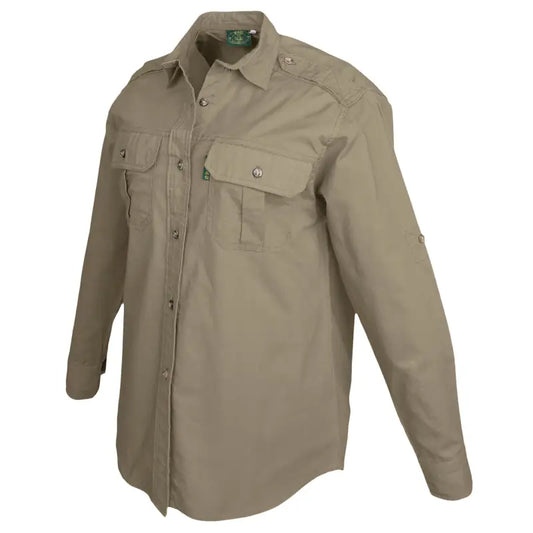 Khaki button-up safari trail shirt for women with chest pockets, perfect essential outdoor gear