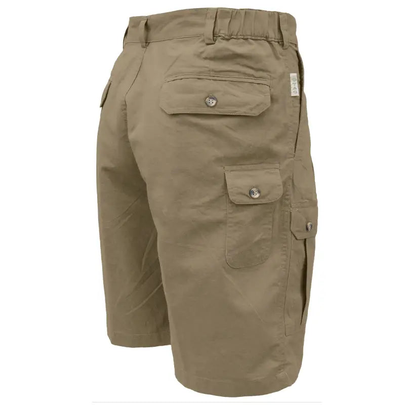 Khaki Adventure Shorts for Men with cargo pockets and button closures for first responders