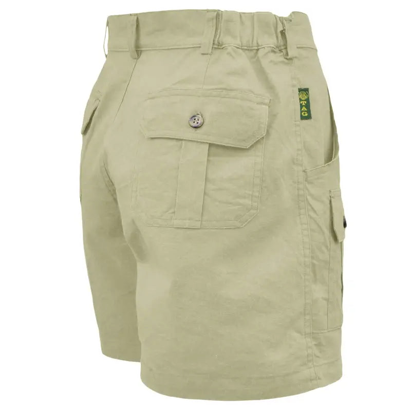 Khaki Professional Hunter Shorts with button flap cargo pockets for essential outdoor gear