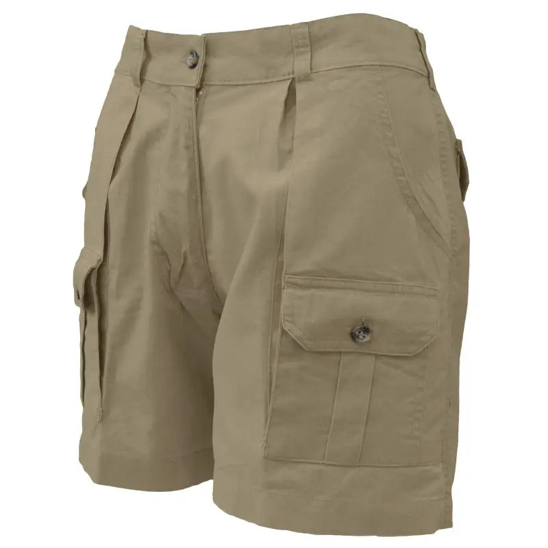 Khaki cargo shorts with pleated front, essential outdoor gear for professional hunter shorts