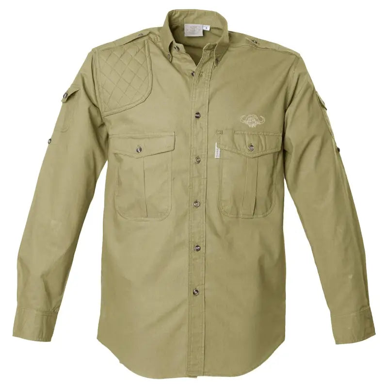 Khaki button-down Shooter Shirt for Men with embroidered buffalo logo and chest pockets