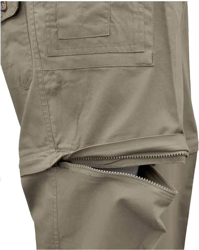 Khaki Zambezi Convertible Zip off Safari Pants with elastic waist and four flap cargo pockets