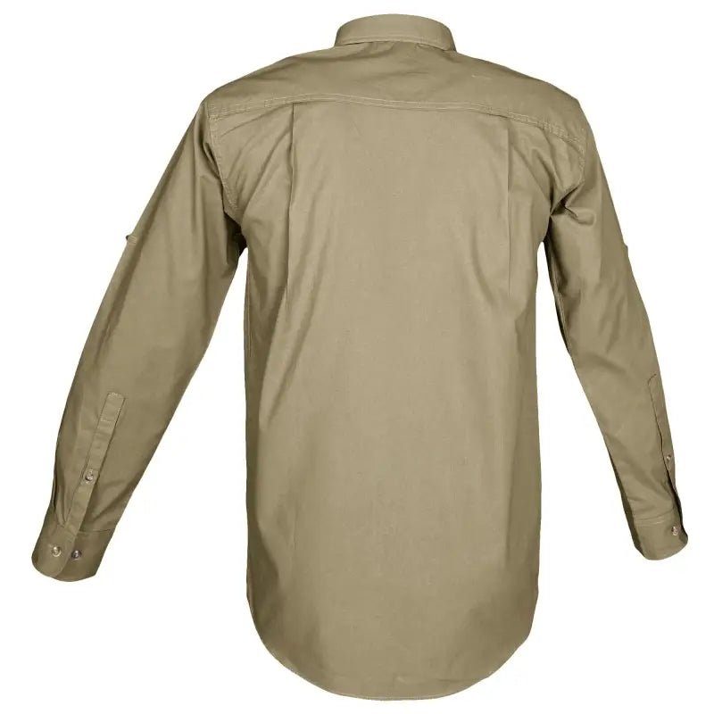 Khaki long-sleeve trail shirt for men with collar, back pleat, and chest pockets