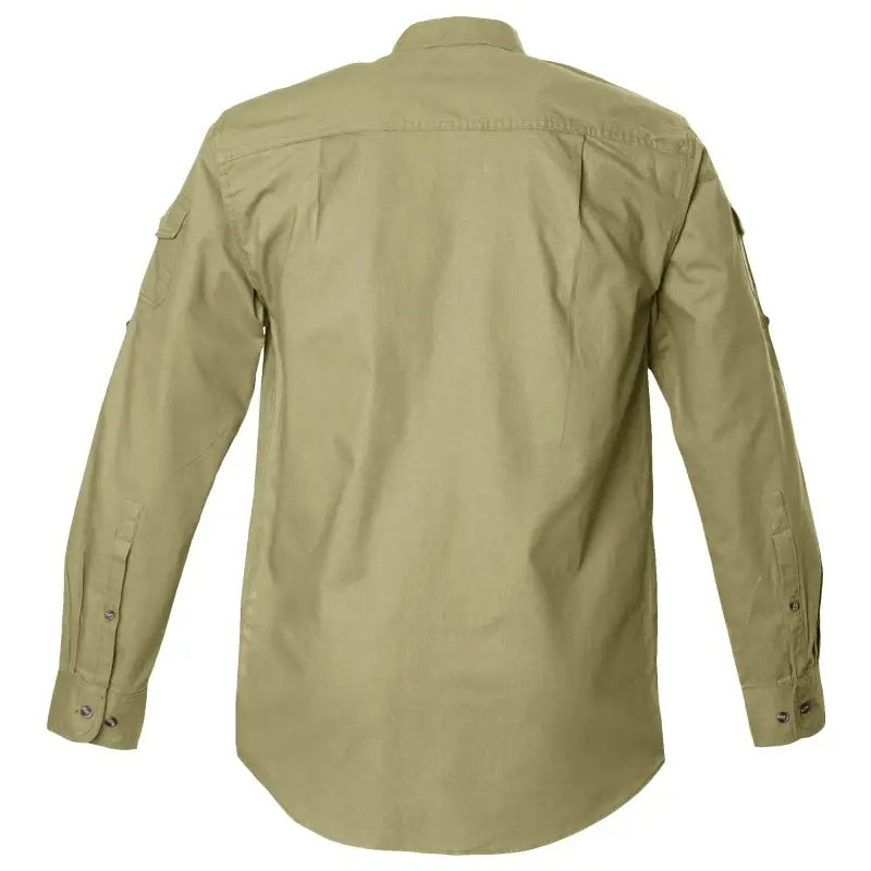 Khaki long-sleeve Shooter Shirt for Men inspired by safari with shooting patch