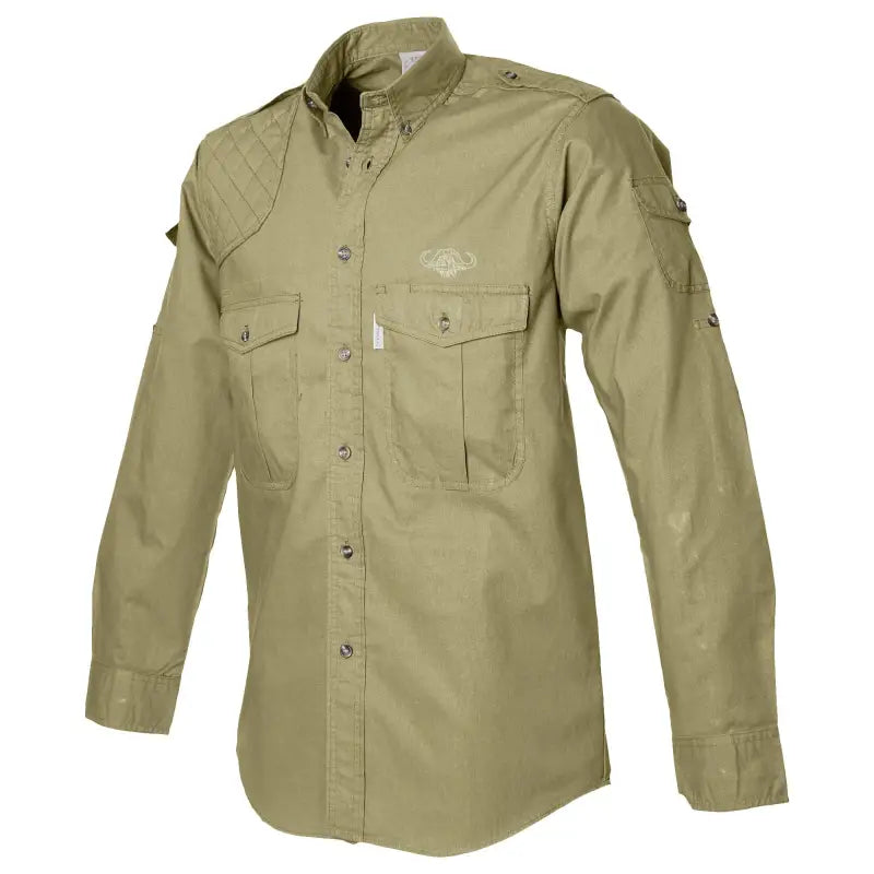 Khaki military tactical shirt with embroidered buffalo logo and chest pockets