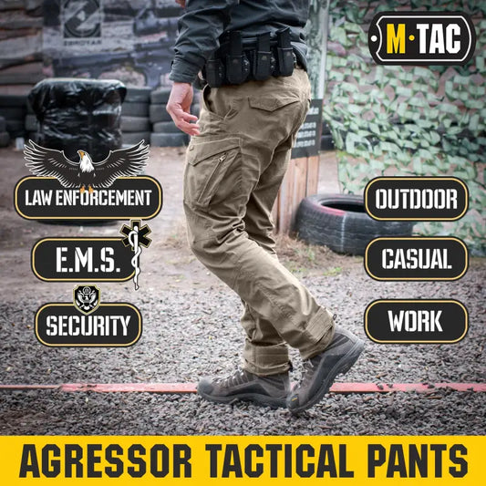 Khaki tactical pants Aggressor Gen.II Flex with pockets and black boots for outdoor use