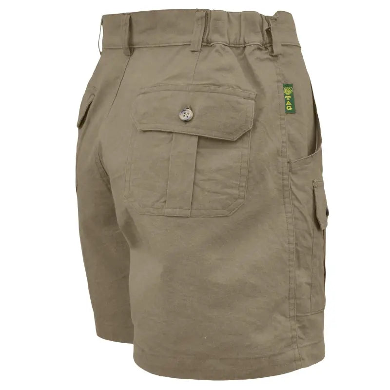 Khaki Professional Hunter Shorts featuring button flap cargo pockets for essential outdoor gear