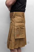 Khaki utility kilt with cargo pockets and pleats, perfect for practicality and style