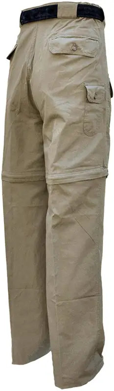 Khaki Zambezi Convertible Zip off Safari Pants with four flap cargo pockets and elastic waist accents