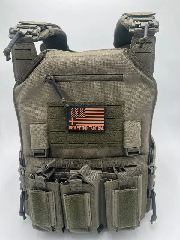 Khaki green tactical body armor with modular attachments for large size protection by Redemption Tactical