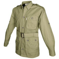 Khaki safari jacket for men with buttoned flap covered chest pockets and functional swiss tabs