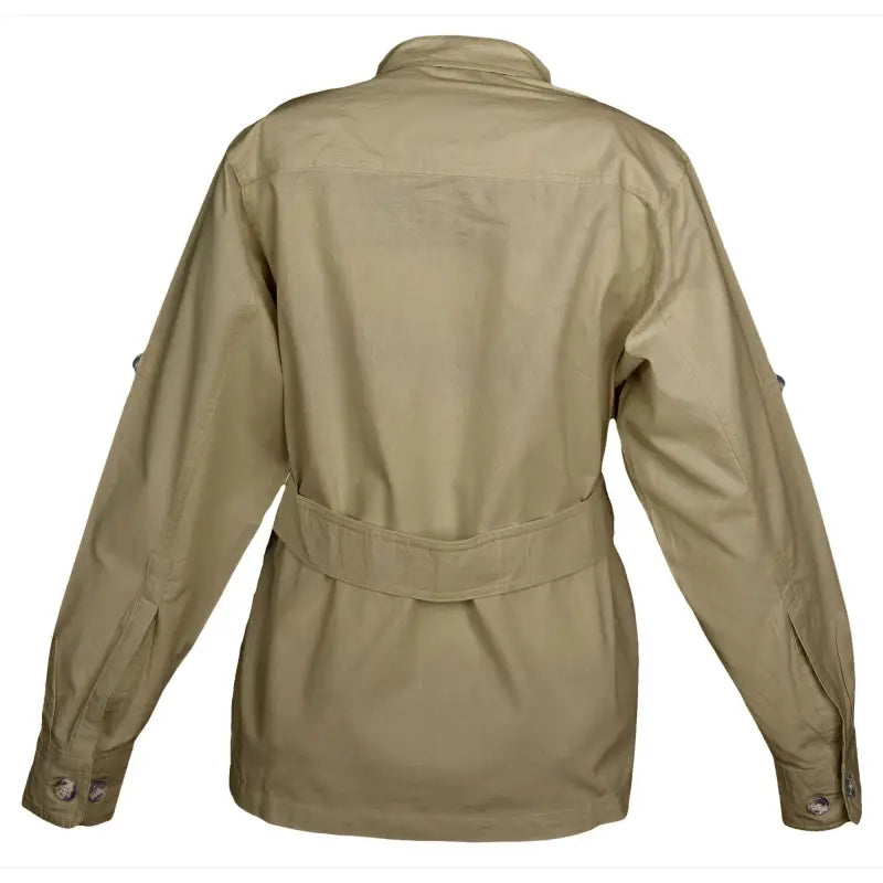 Khaki Safari Jacket for Women with belt, button-up front, and functional Swiss tabs