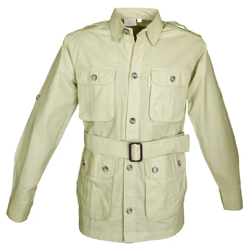 Khaki Safari Jacket for Men with buttoned flap covered chest pockets and functional Swiss tabs