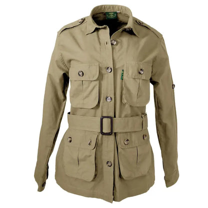 Khaki Safari Jacket for Women with two buttoned flap pockets and functional Swiss tabs