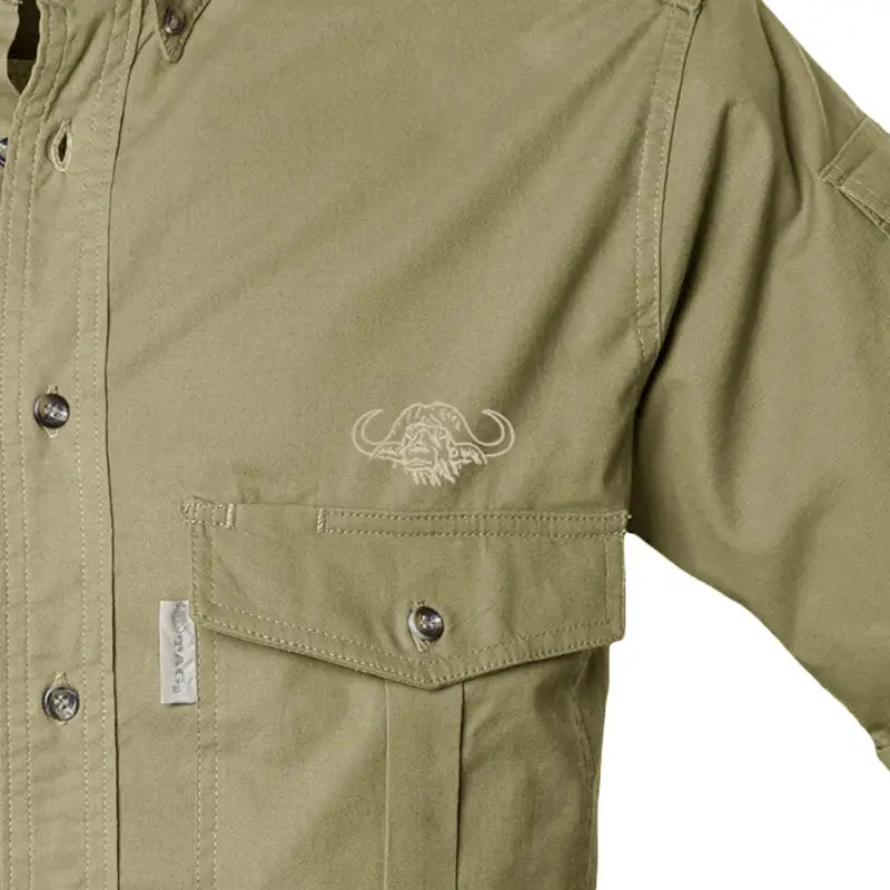 Khaki Shooter Shirt for Men with Embroidered Buffalo Logo and Button-Up Pockets