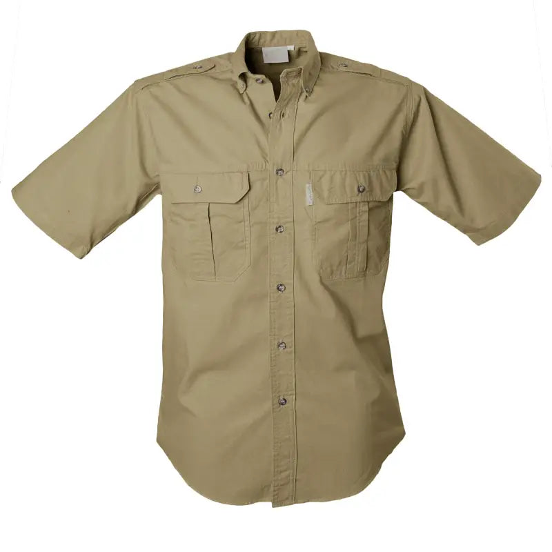 Khaki short-sleeved button-down Trail Shirt for Men with chest pockets and extra sun protection